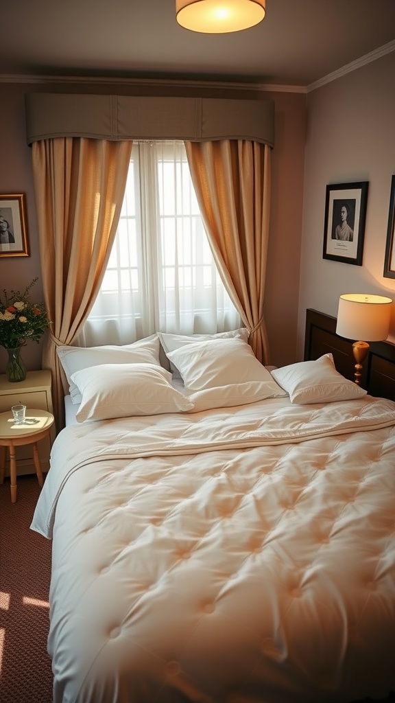 A cozy guest bedroom with a neatly made bed, soft pillows, warm lighting, and curtains by the window.