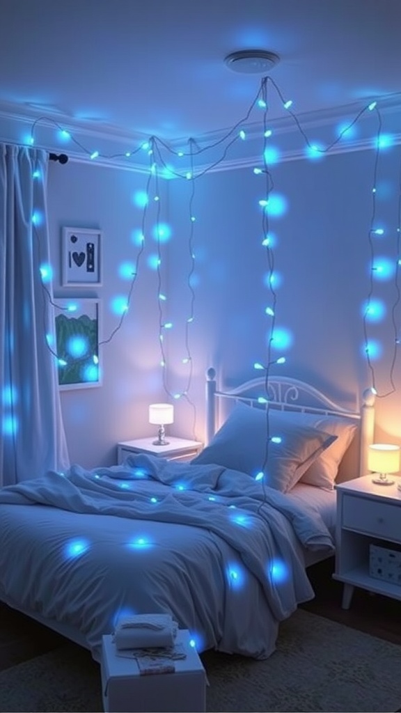 A cozy bedroom with blue fairy lights hanging from the ceiling and draped over the bed.