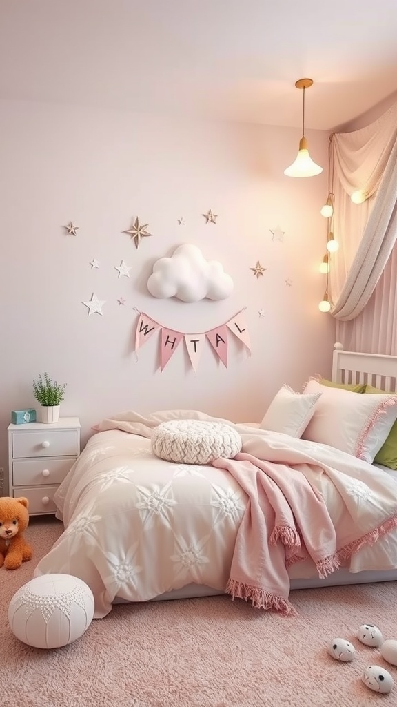 A whimsical bedroom with a cloud decoration, soft pastel colors, and cozy elements.