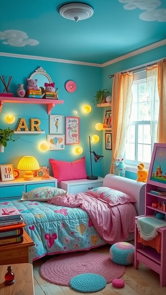 A vibrant vintage-inspired bedroom with colorful decor and cozy furnishings.