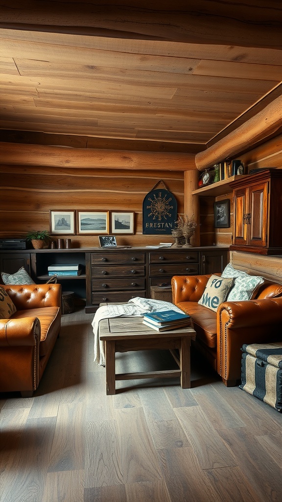 A cozy vintage-inspired bedroom featuring worn leather furniture and wooden accents.