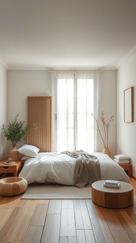 A serene bedroom with a neutral color palette, featuring a cozy bed, natural elements, and ample natural light.