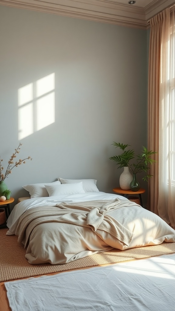 A cozy zen meditation room with a soft bed, neutral colors, and plants.