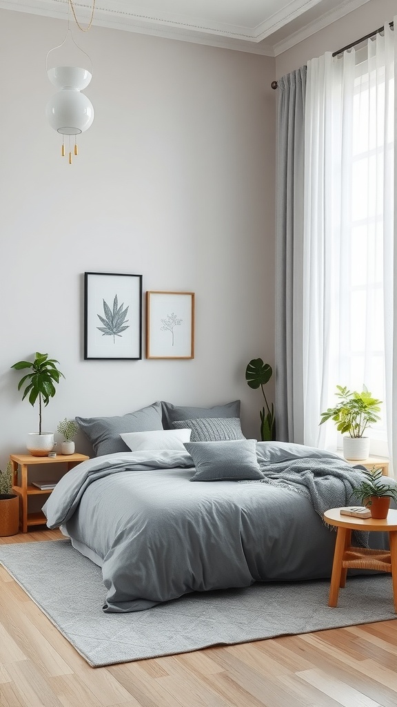 A cozy bedroom featuring a grey bed, soft textiles, and plants, creating a serene atmosphere.