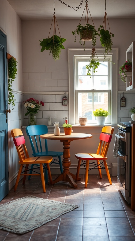 Charming kitchen nook with colorful chairs, a round table, and hanging plants.