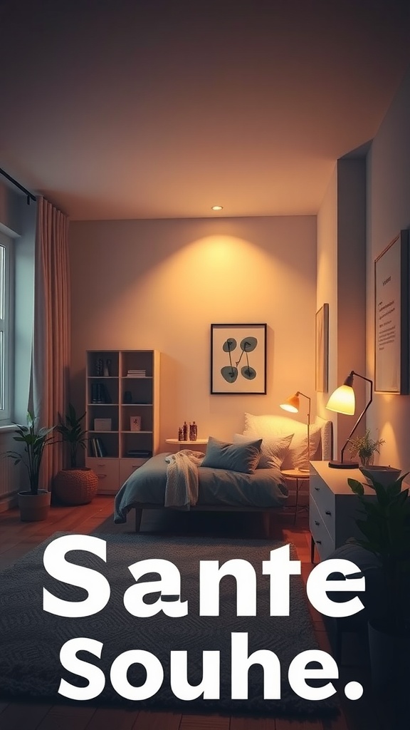 Cozy modern studio apartment with warm lighting and a comfortable bed