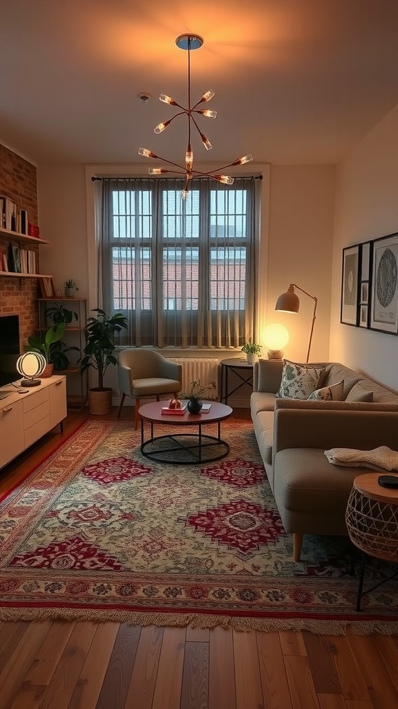 Cozy modern studio apartment with a rug and stylish lighting