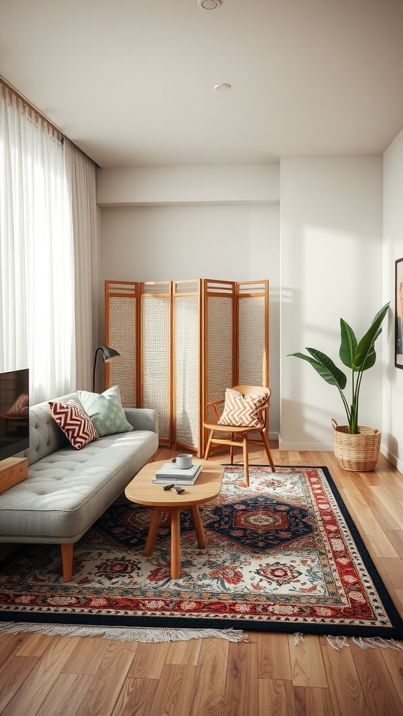 Cozy studio apartment with a large rug, wooden screen divider, and plants