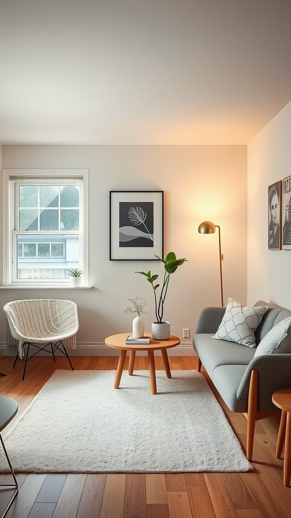 Cozy modern studio apartment interior featuring a gray couch, round coffee table, and a soft rug.