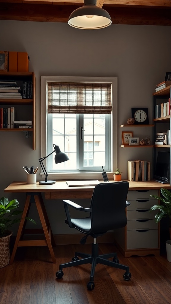 A cozy home office featuring a wooden desk, black office chair, bookshelves, and plants.