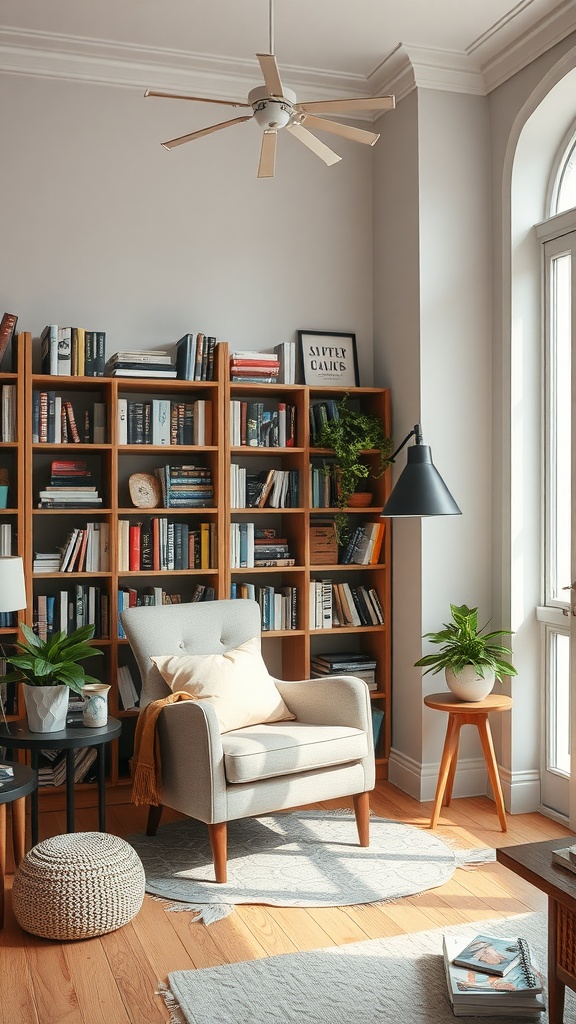 A cozy reading nook in a modern studio apartment featuring a comfortable chair, plants, and a bookshelf.