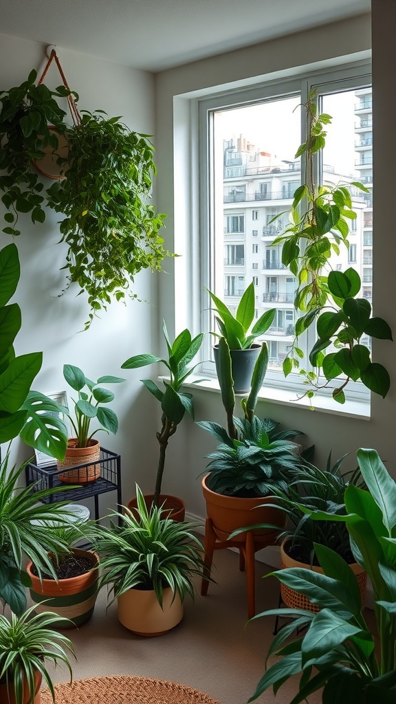 Lively corner filled with various indoor plants in a modern studio apartment