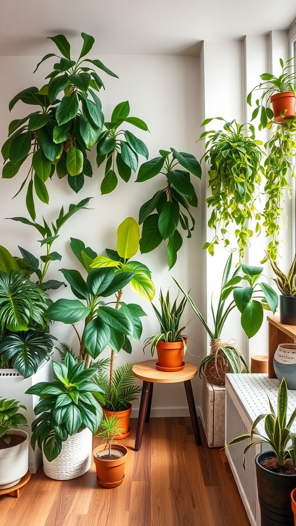 A cozy studio apartment filled with various indoor plants in different pots, including hanging plants.