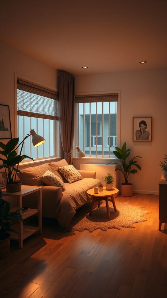 A cozy studio apartment featuring warm lighting, a comfortable sofa, and plants.