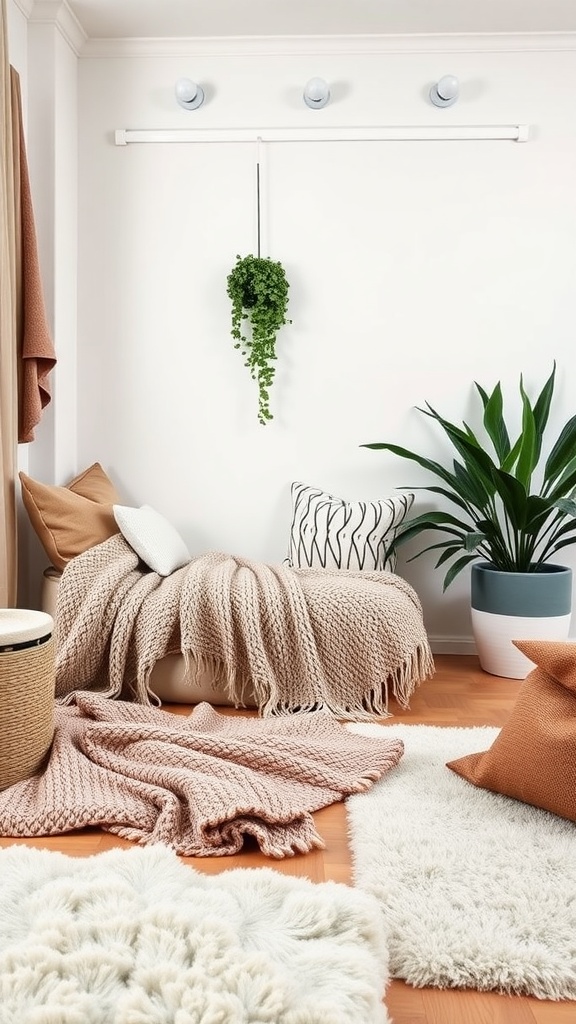 A cozy modern studio apartment with warm textiles, featuring knitted throws, plush rugs, and decorative pillows.