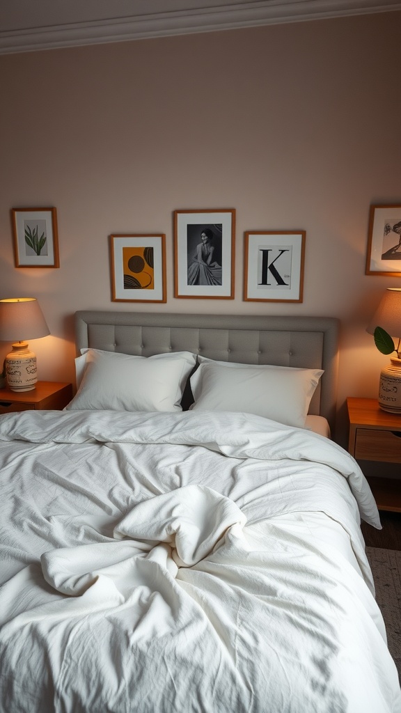 Cozy bedroom with white bedding, framed artwork on the wall, and warm bedside lamps