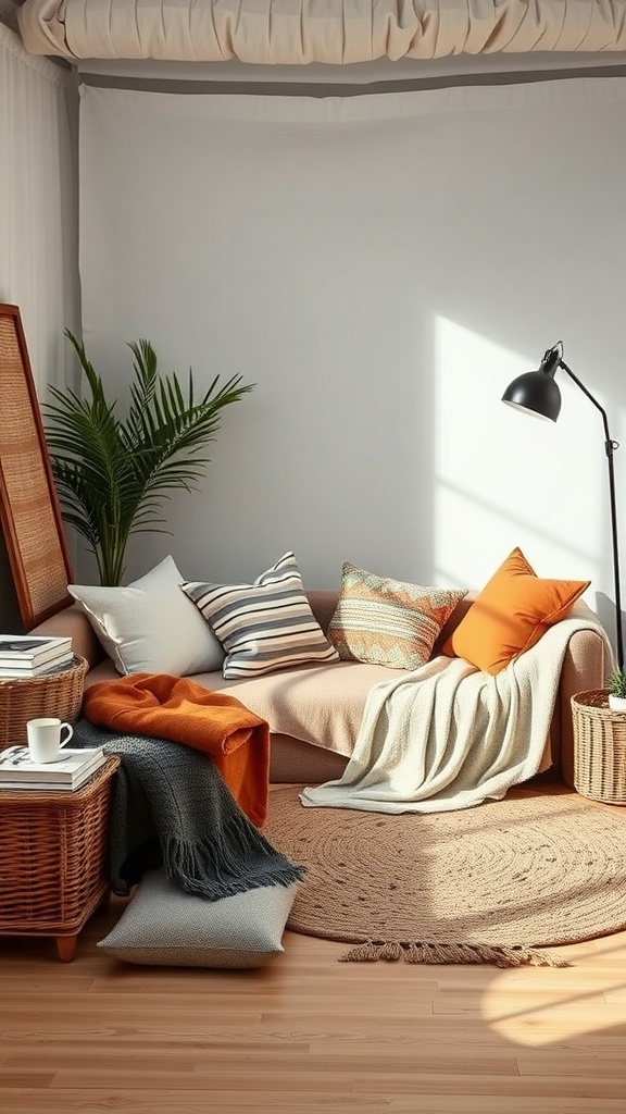 Cozy studio apartment interior with layered textiles, colorful cushions, and warm lighting.