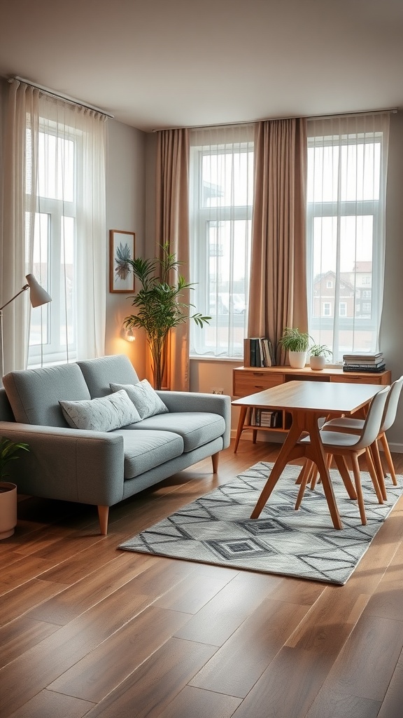 Cozy studio apartment interior with a light blue couch, wooden dining table, and plants.