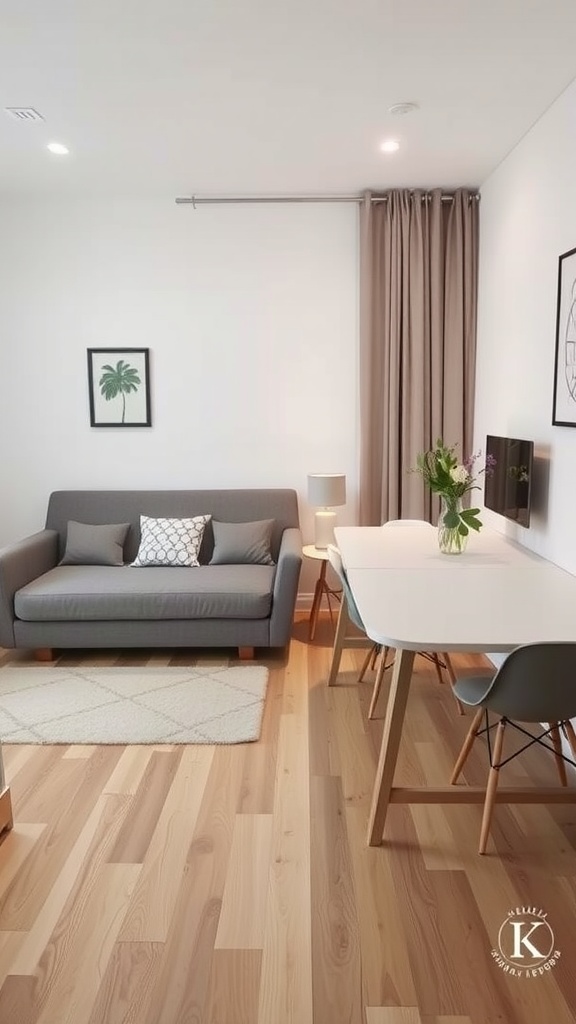 Cozy modern studio apartment with a gray sofa, dining table, and light wooden flooring.