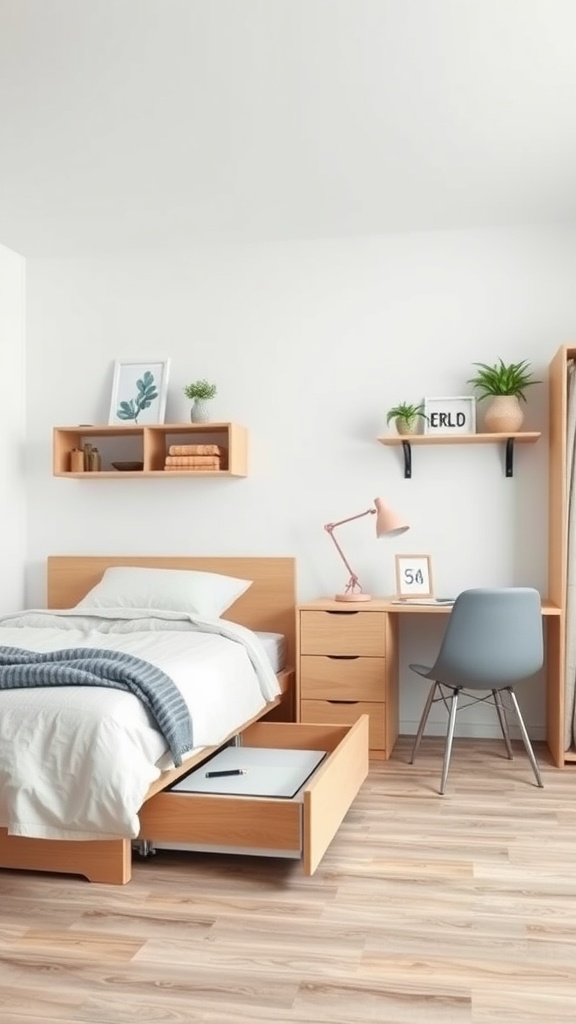 A cozy studio apartment featuring a bed with storage drawers, a desk and chair, and wall shelves with plants.