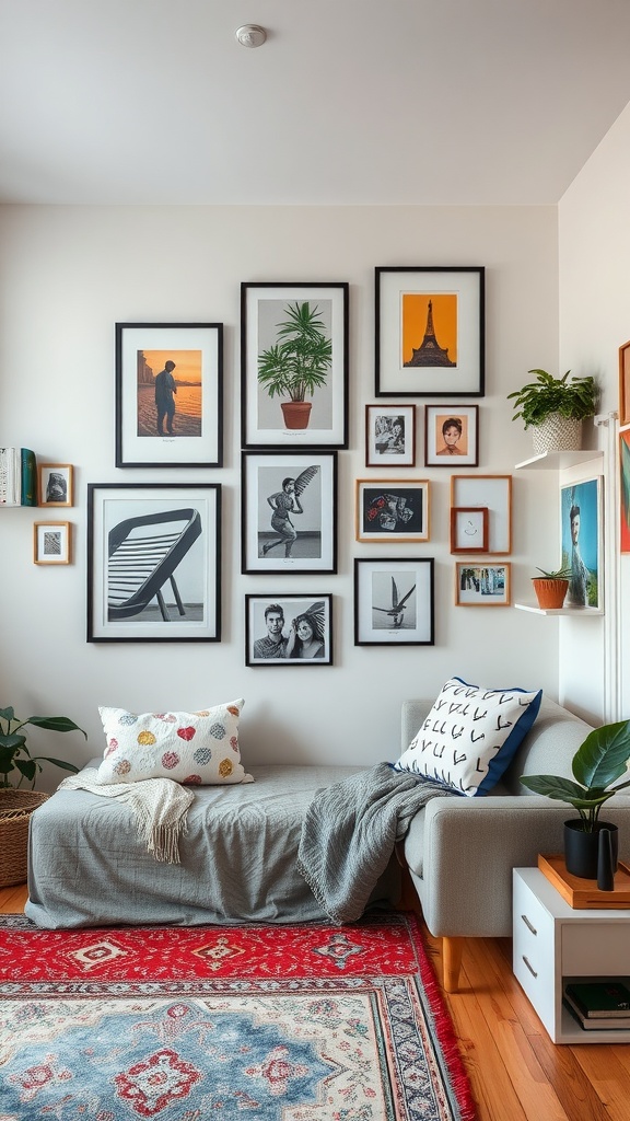 A cozy studio apartment corner with a gallery wall of framed art, a couch with decorative pillows, and a colorful rug.