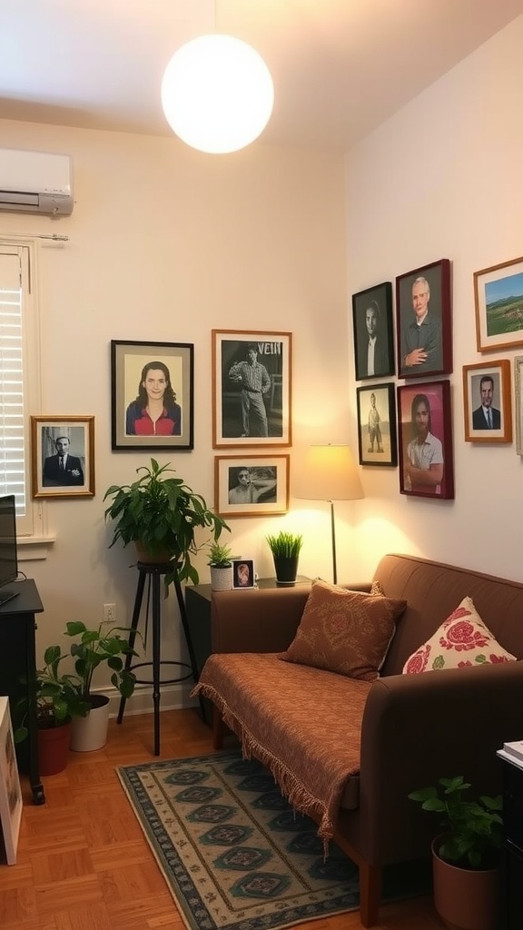 A cozy corner of a modern studio apartment with framed photos on the wall, a sofa, and plants.