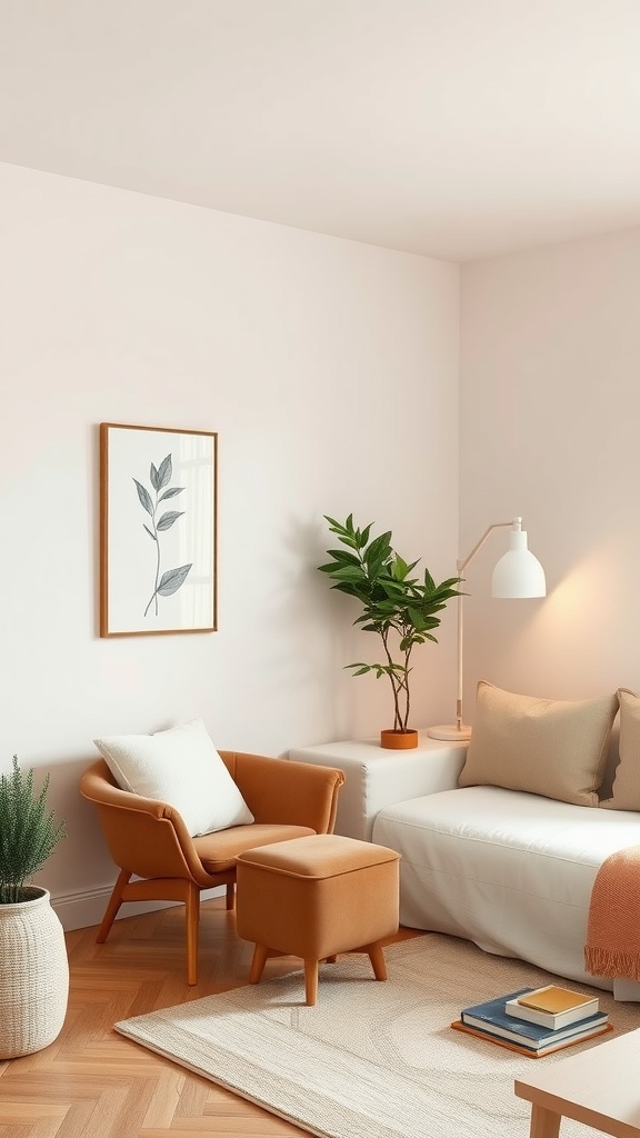 A cozy modern studio apartment with light peach walls, a beige couch, and an orange chair, complemented by indoor plants and warm wooden flooring.