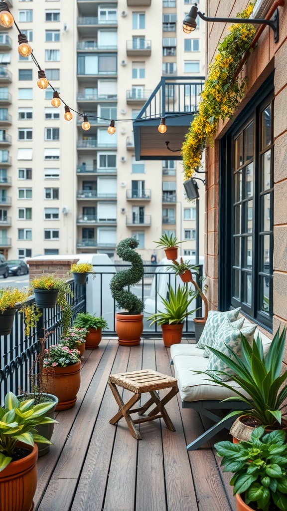 Stylish balcony with potted plants, cozy seating, and string lights