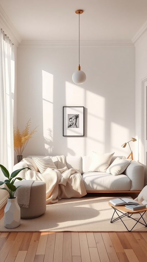 A cozy studio apartment interior featuring a neutral palette with a white couch, soft blankets, and warm wooden floors.