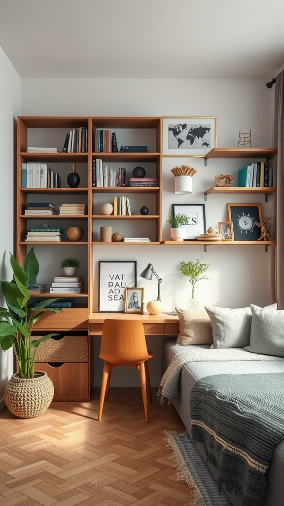 A cozy modern studio apartment featuring wall-mounted shelves, a workspace, and plants.