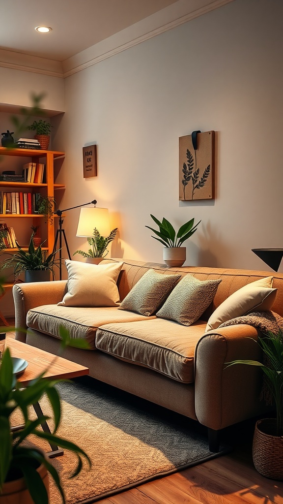 A cozy living room featuring a beige sofa with pillows, wooden bookshelf filled with books, and potted plants.
