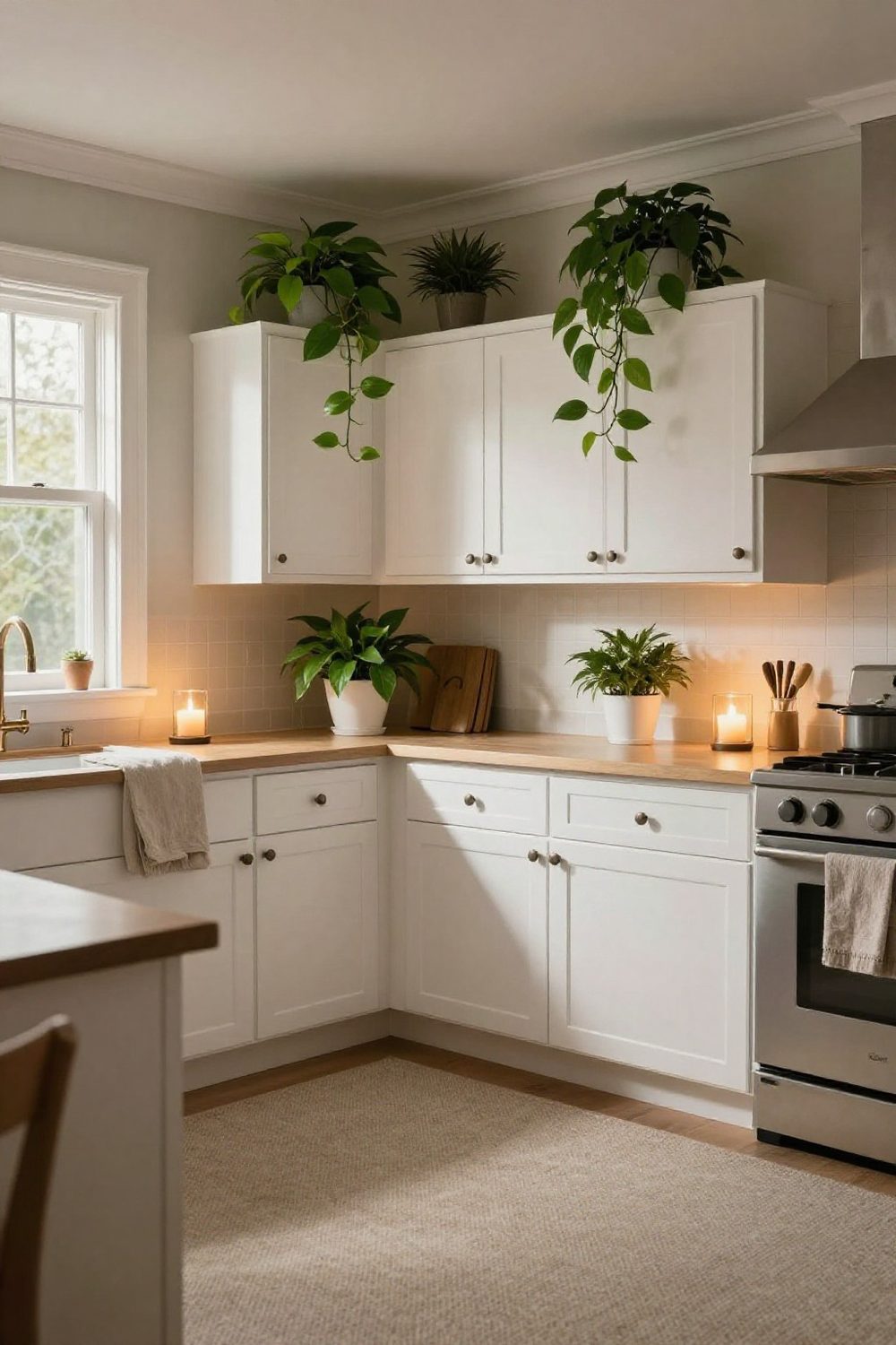 Trailing pothos plants in white pots spilling over the top of white kitchen cabinets