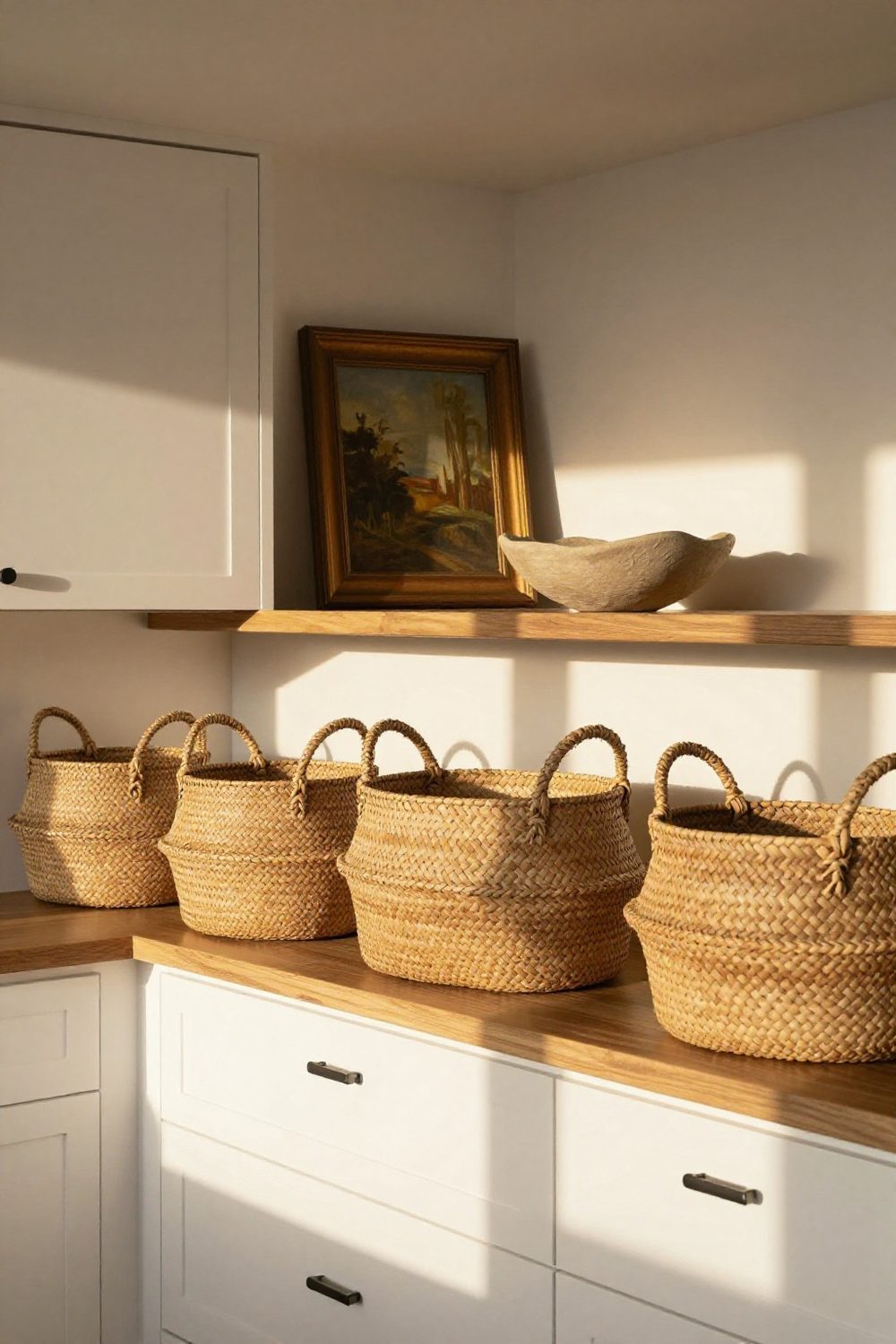 Row of large woven seagrass baskets lined up on top of wood kitchen cabinets
