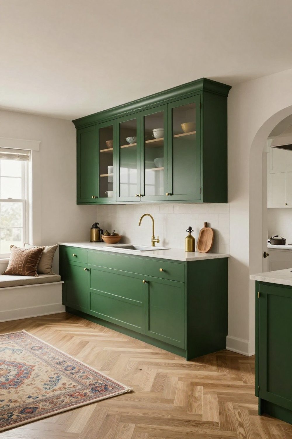 Kitchen with upper cabinets extended to the ceiling with a second row of small glass-front cabinets