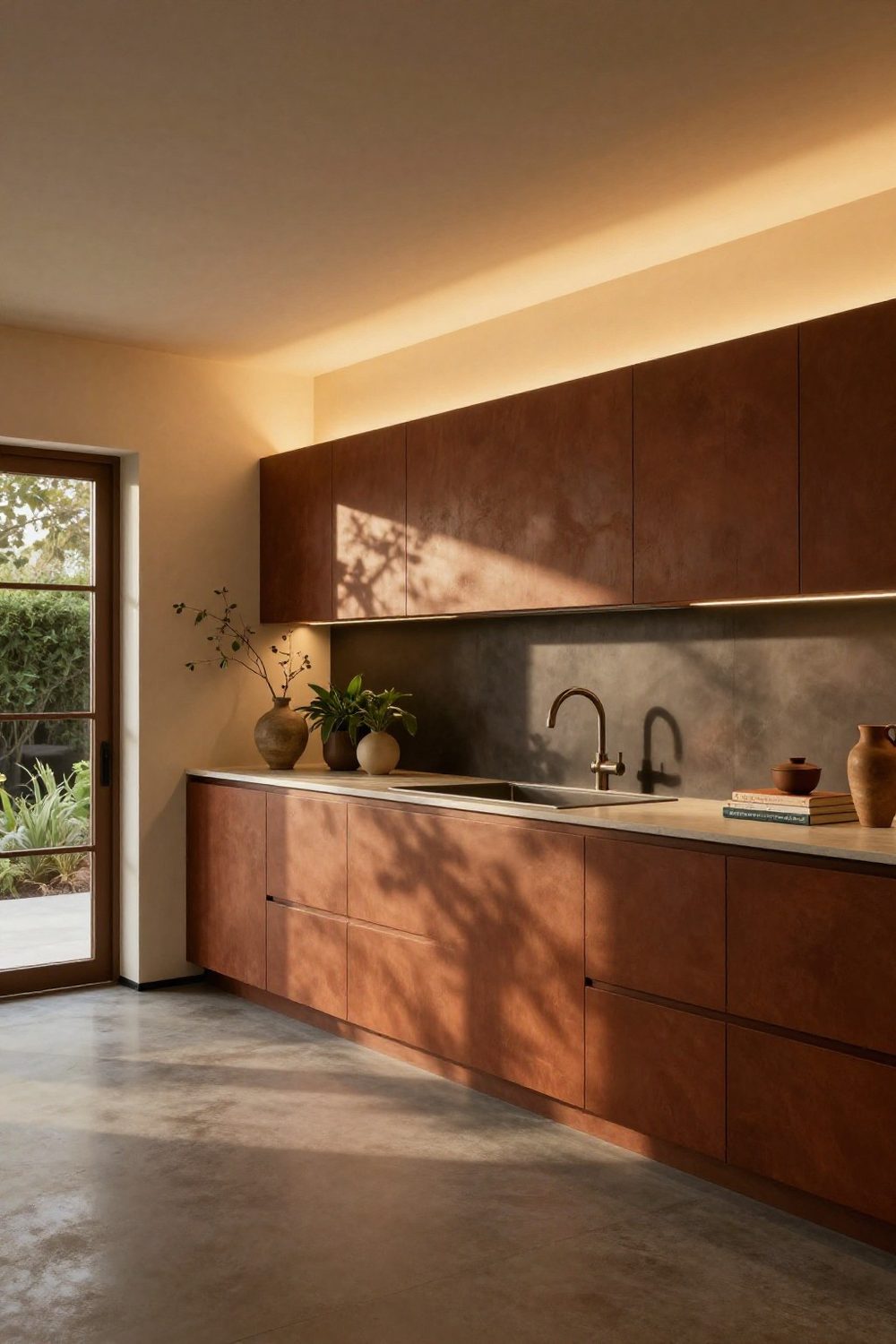 Warm LED strip lighting glowing on top of kitchen cabinets and washing the ceiling at evening