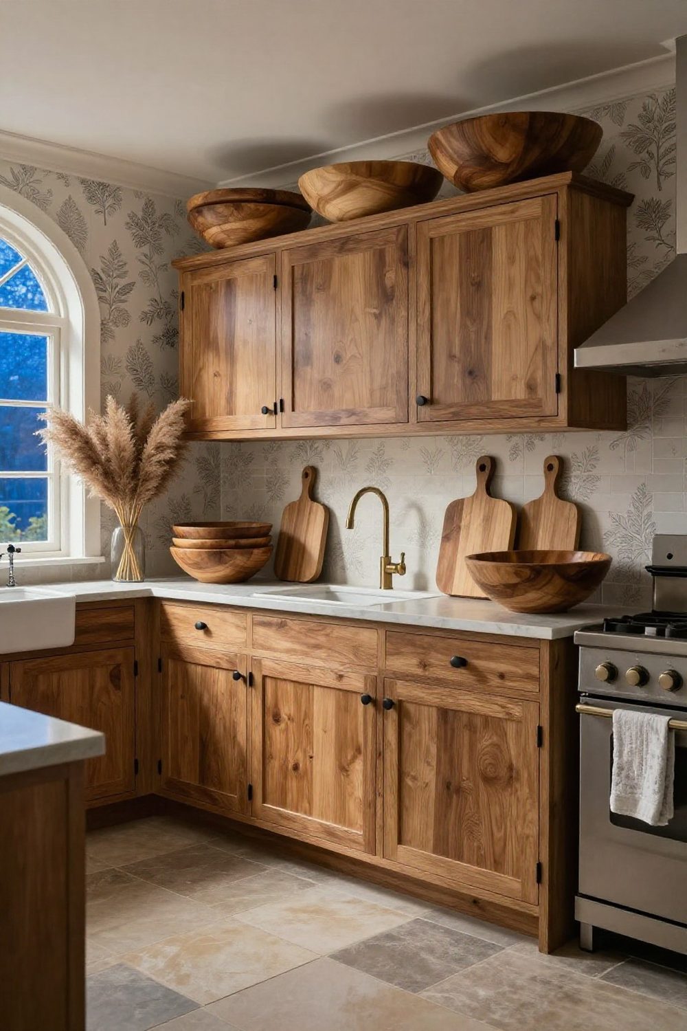 Large wooden dough bowls and cutting boards leaning above rustic kitchen cabinets