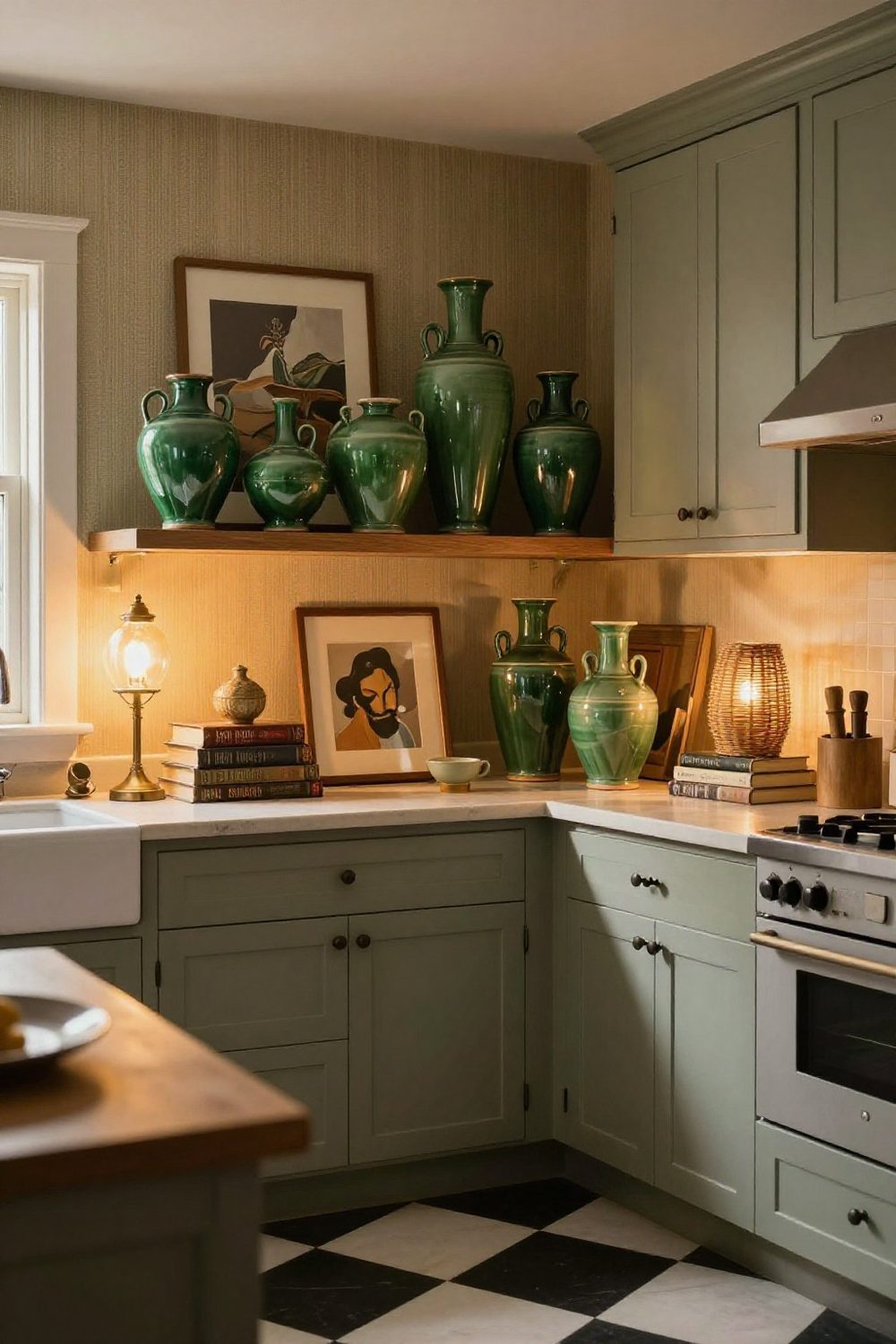 Green glazed pottery vases of different heights in a group above kitchen cabinets