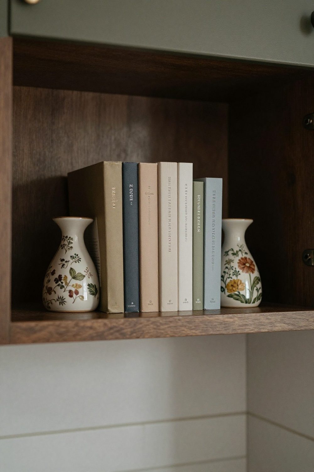 Close-up of a cookbook display with books stacked and propped between bookends above a kitchen cabinet