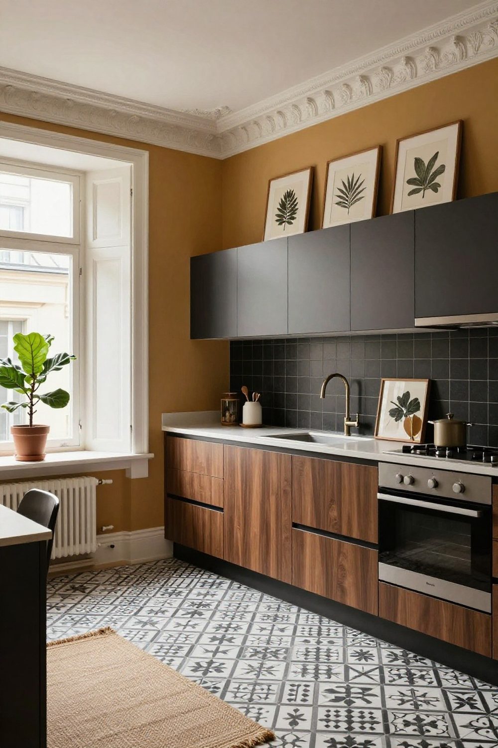 Kitchen with framed botanical prints leaning on top of upper cabinets in a tall gap