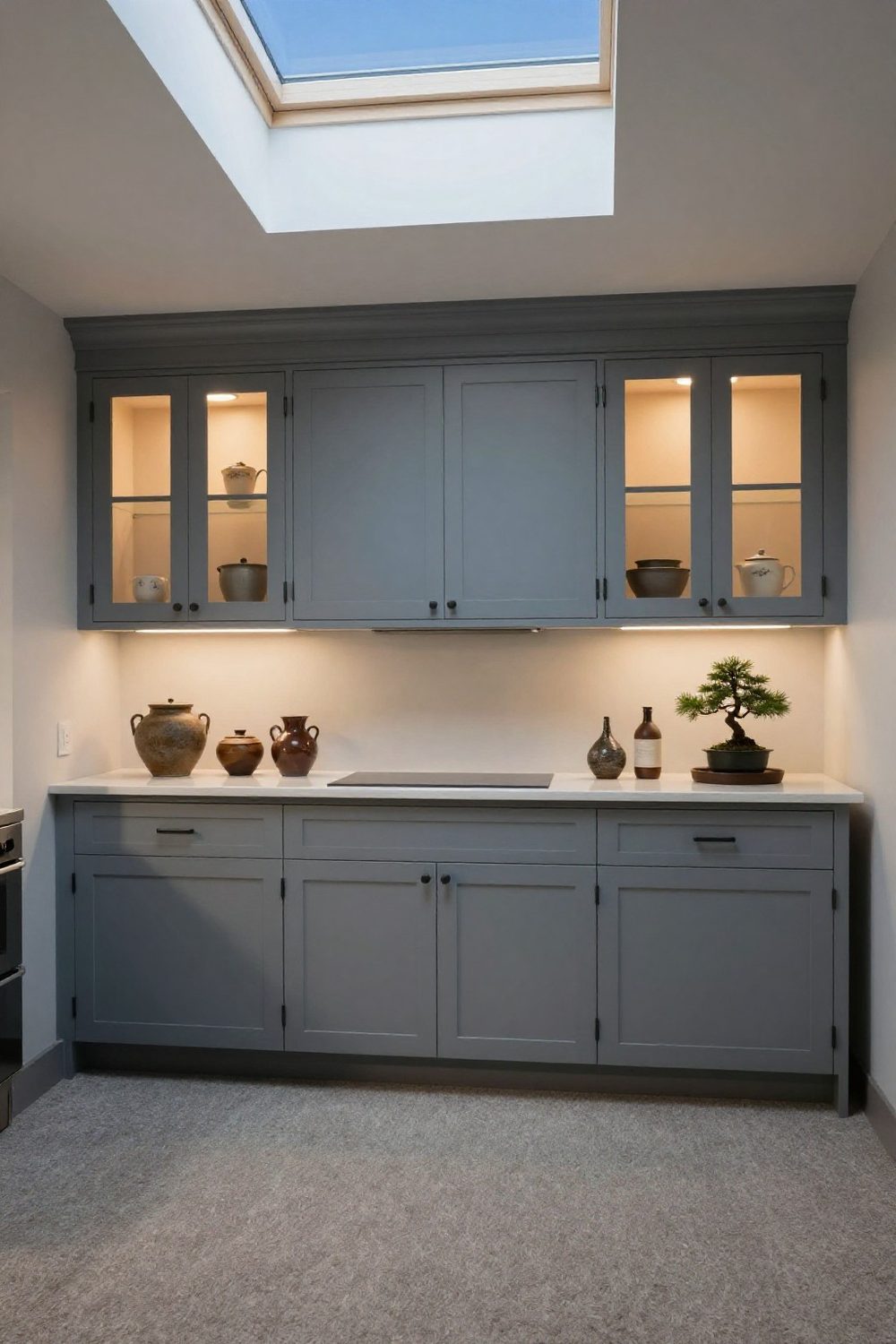 Kitchen with a crown molding added to the top of the upper cabinets reaching the ceiling