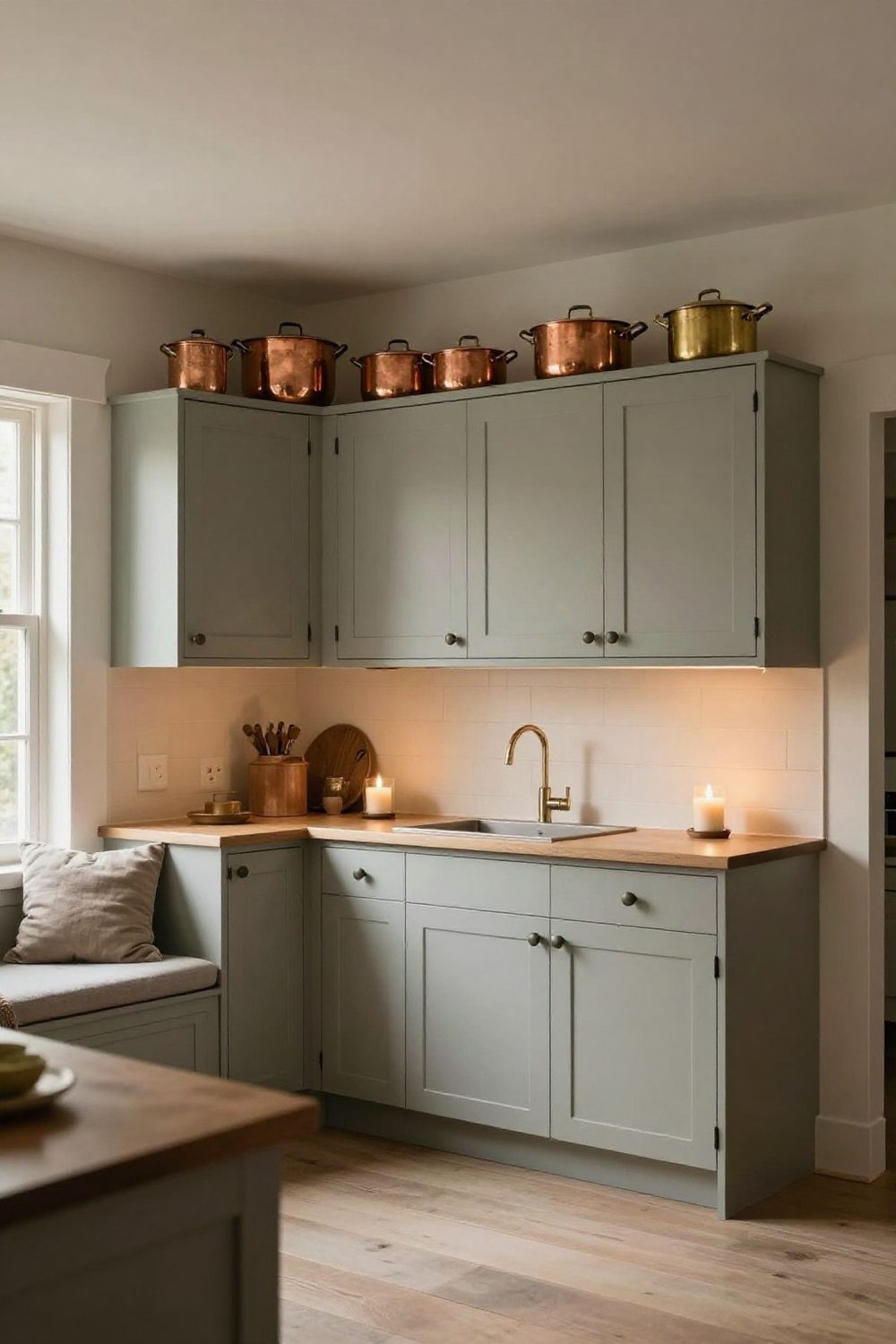 Copper pots and pans arranged on top of dark kitchen cabinets