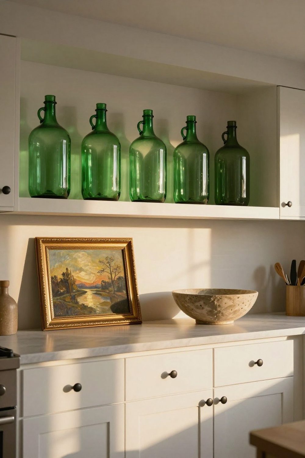 Large green glass demijohn bottles displayed above white kitchen cabinets