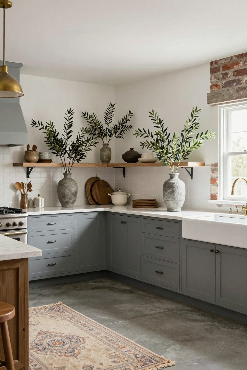 Faux olive branches in tall stone crocks above farmhouse kitchen cabinets
