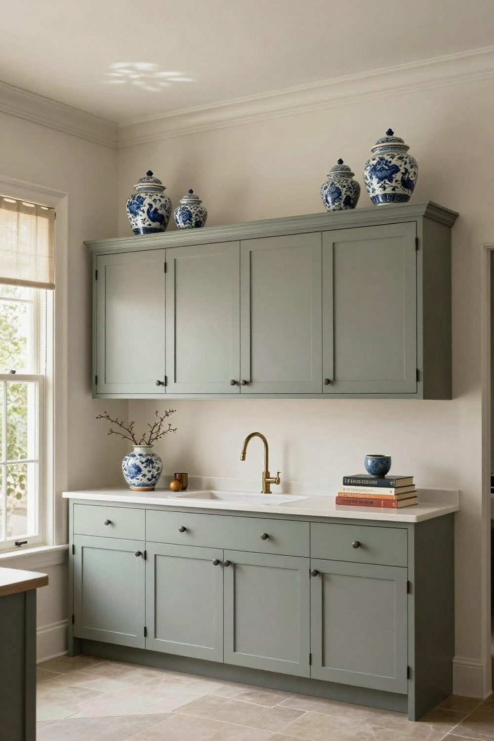 Collection of blue and white chinoiserie ginger jars on top of white kitchen cabinets