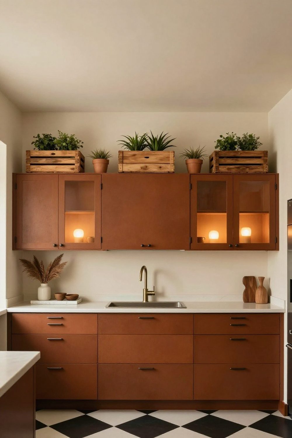 Row of vintage wooden crates on top of kitchen cabinets holding small plants