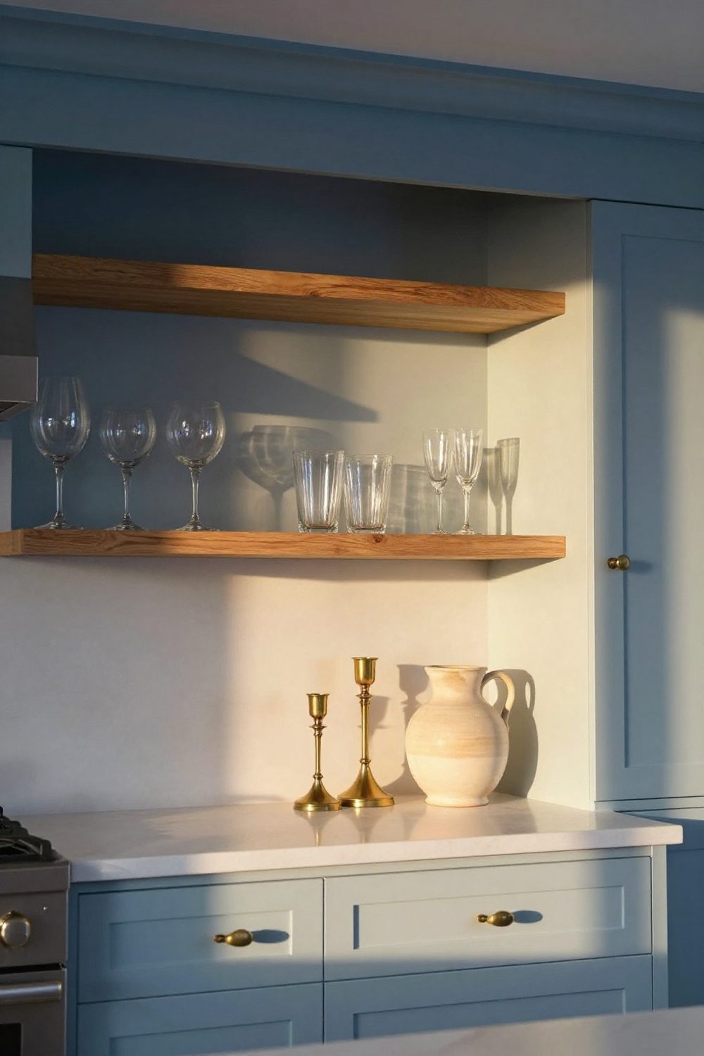 Kitchen with open wood shelving built above the upper cabinets displaying glassware