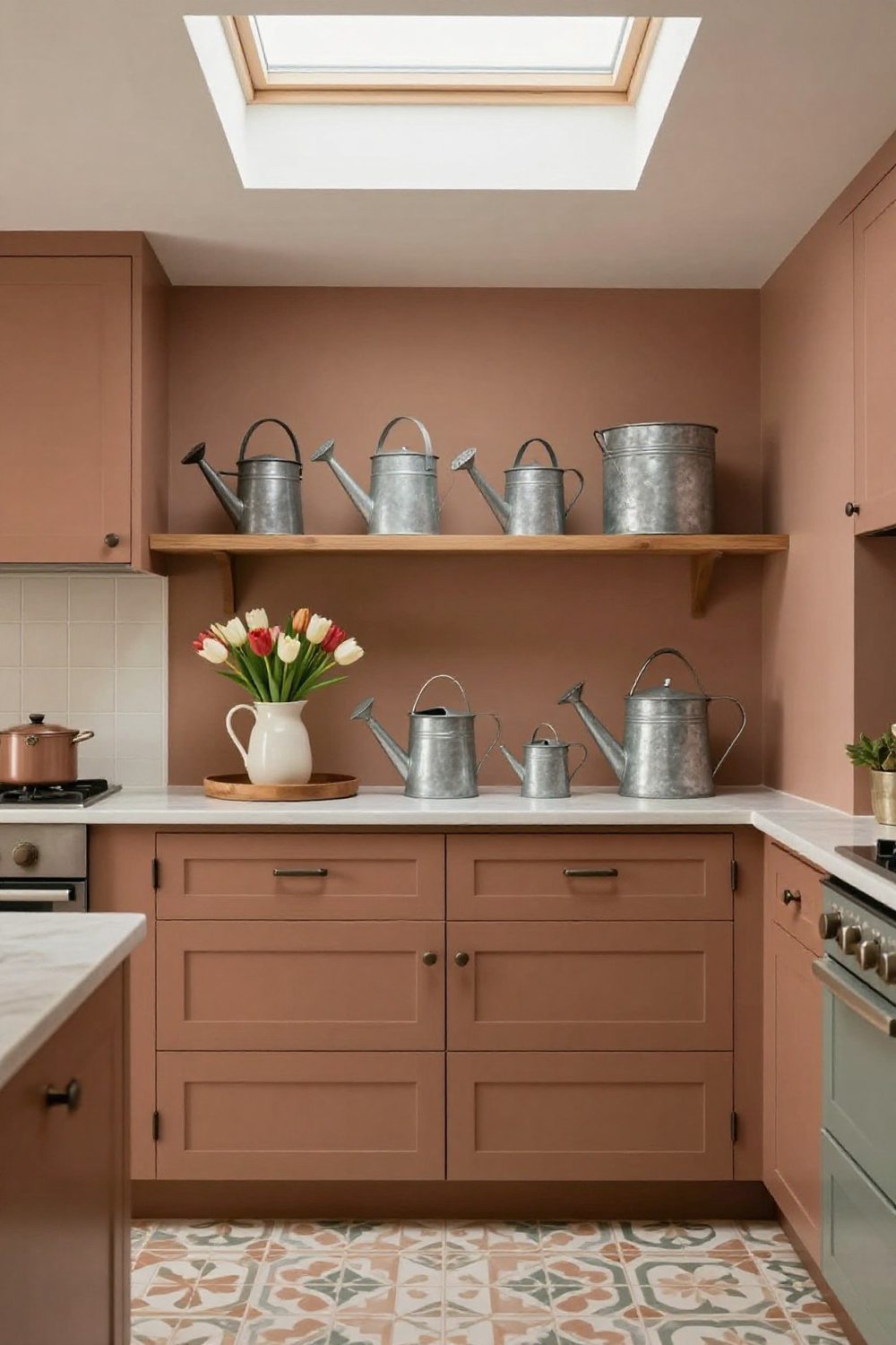 Galvanized metal watering cans and buckets on top of farmhouse kitchen cabinets