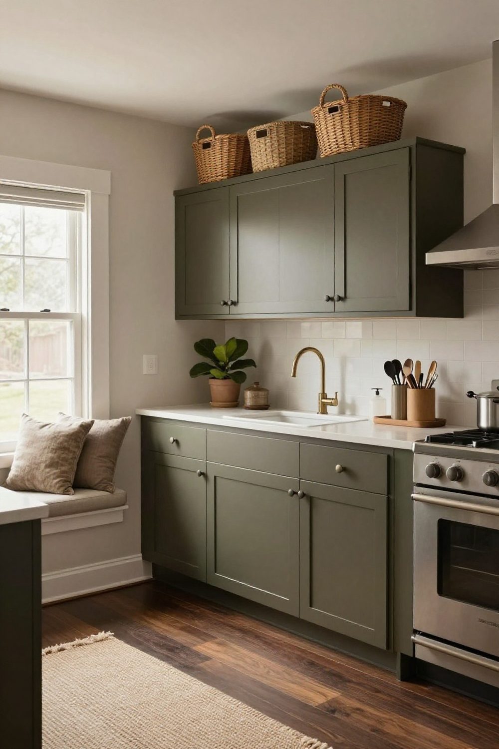 Small kitchen where the above-cabinet space holds only a few baskets for storage