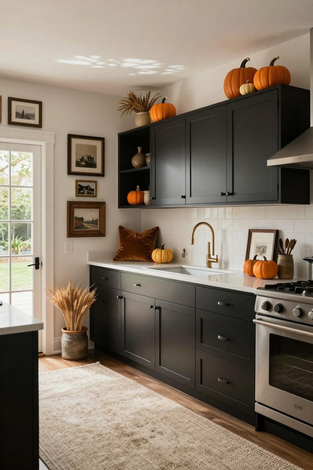 Above kitchen cabinets decorated for autumn with small pumpkins and dried wheat in crocks