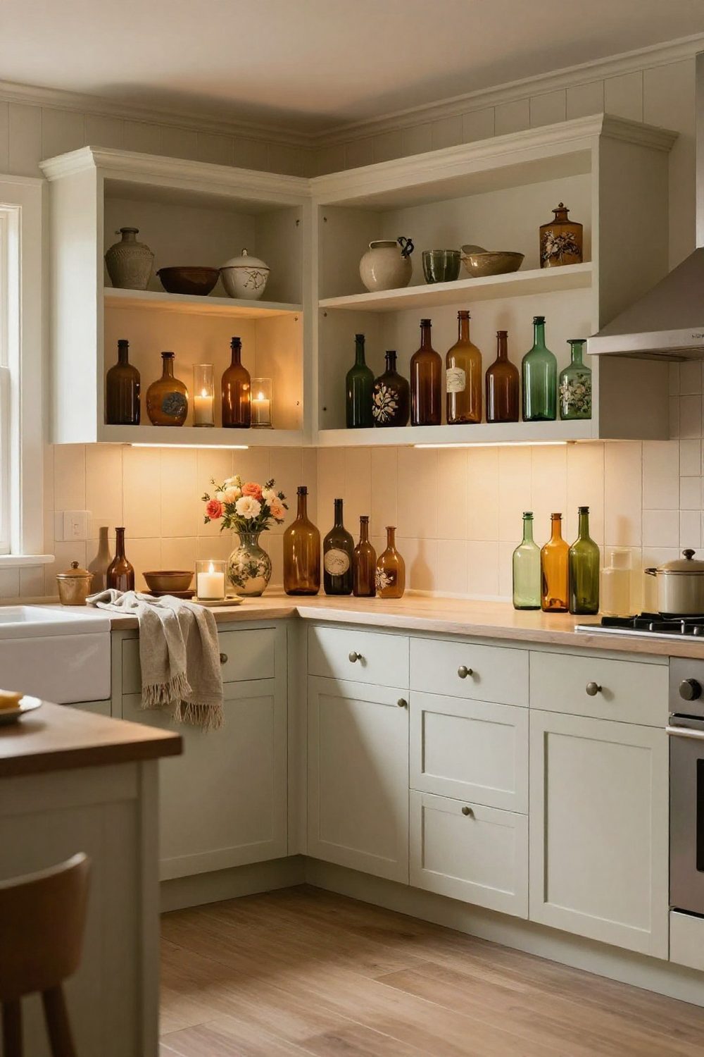 Collection of colorful vintage glass bottles and vases in amber and green tones above kitchen cabinets